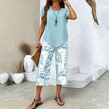 Women's 2 Piece Lounge Set Leaf Print Top  Wide Leg Pants Casual Outfit