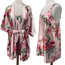 Vintage 90s Y2k Satin Floral Robe Nightgown Set Bow Detail Pink Womens S/M