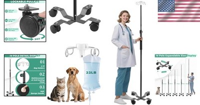 IV Pole with Wheels,47 to 100In Portable IV Floor Stand with 4 Hooks IV Bag Hold