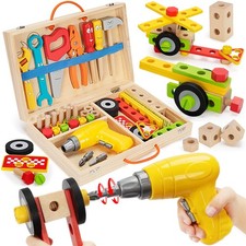 Kids Tool Set Toy with Drill, 44 Pcs Wooden, Montessori