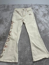 American Eagle Festival Flare Pants Women Size 6 Cream Embroidered Denim EUC
