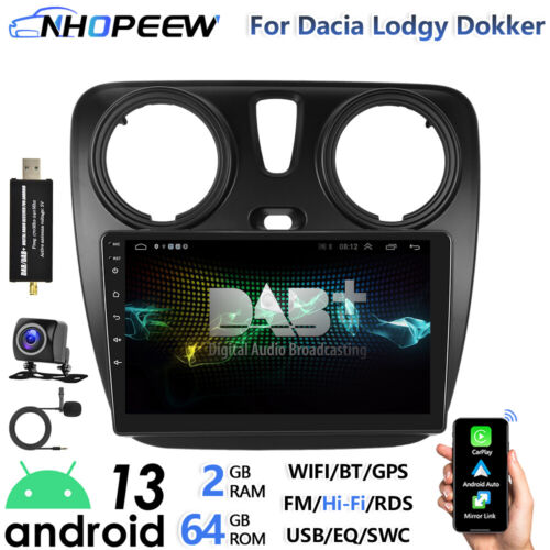 Autoradio DAB + CarPlay Android13 2+64 GB per Dacia Dokker Lodgy GPS Navi RDS WIFI - Foto 1 di 21