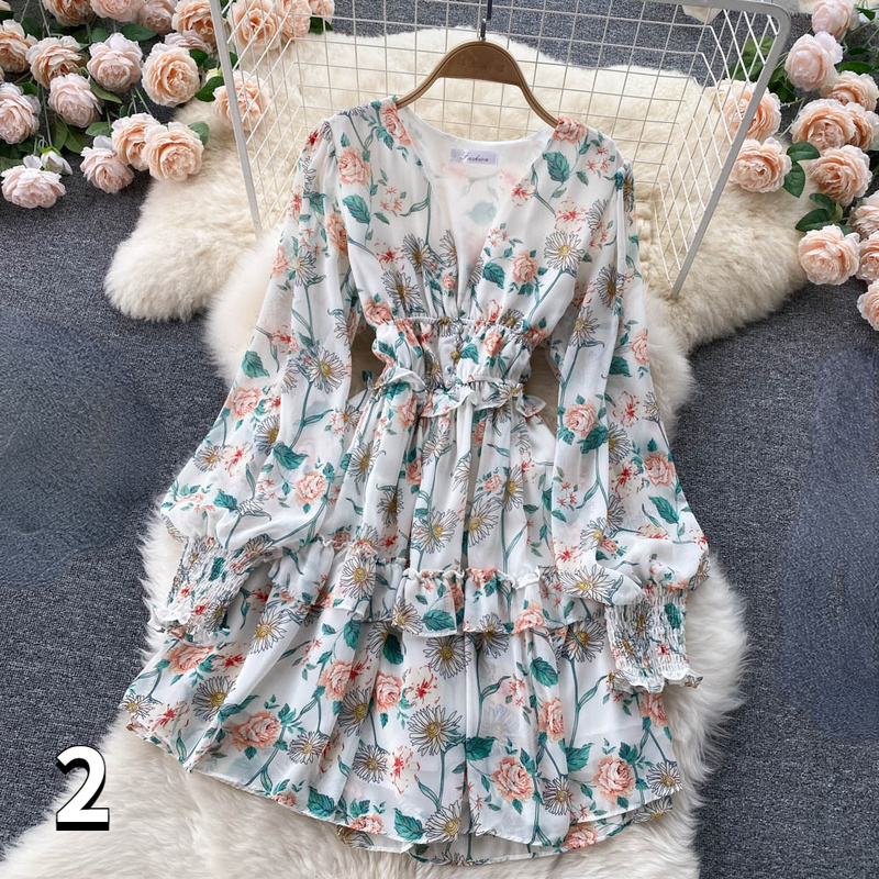 Women Floral Chiffon Puff Sleeve Dress Ruffled Layered V-neck Casual Summer  Chic | eBay