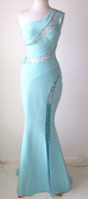 ZUHAIR MURAD Blue One Shoulder Sheer Cut Out Embellished Open Back Dress Gown 2