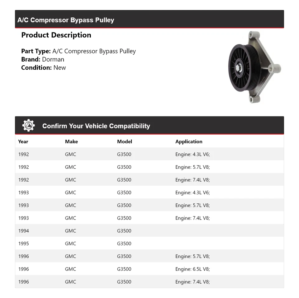 Обходной шкив компрессора кондиционера для 1992-1996 GMC G3500 Dorman 1993 1994 1995 - Изображение 2 из 4