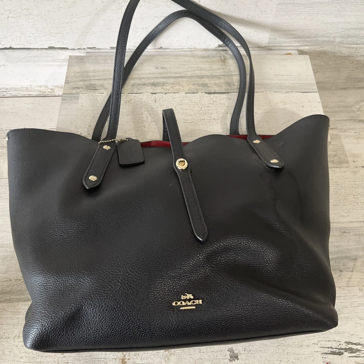 Coach Market Leather Tote Bag Black With Red Lining eBay