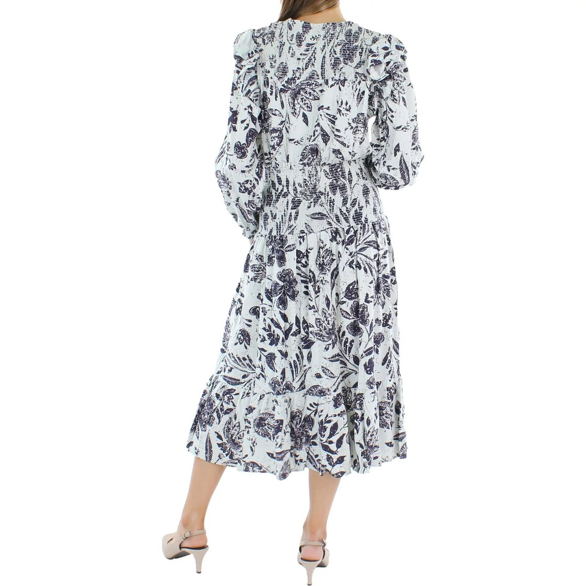 aqua smocked midi dress Aqua Multi Print Collared Neck Smocked Frill Shoulder Tiered Midi Dress *FINAL SALE*