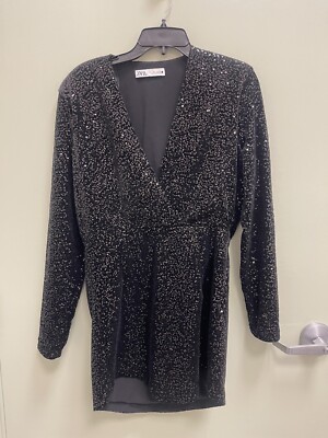 long sleeve sequin dress zara Zara Black Sequin Contrast Mini Dress Long Sleeve