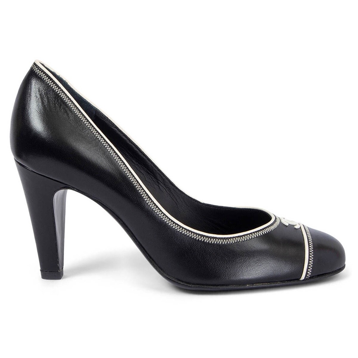 67066 auth CHANEL black leather CONTRAST WHITE TRIM Pumps Shoes 36 | eBay