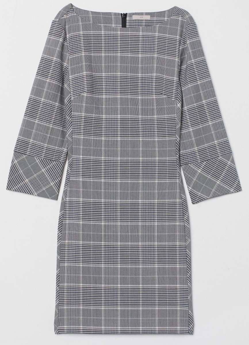 H&M Black White Plaid Fitted Dress 3/4 sleeves, Size 2 Excellent Condition!