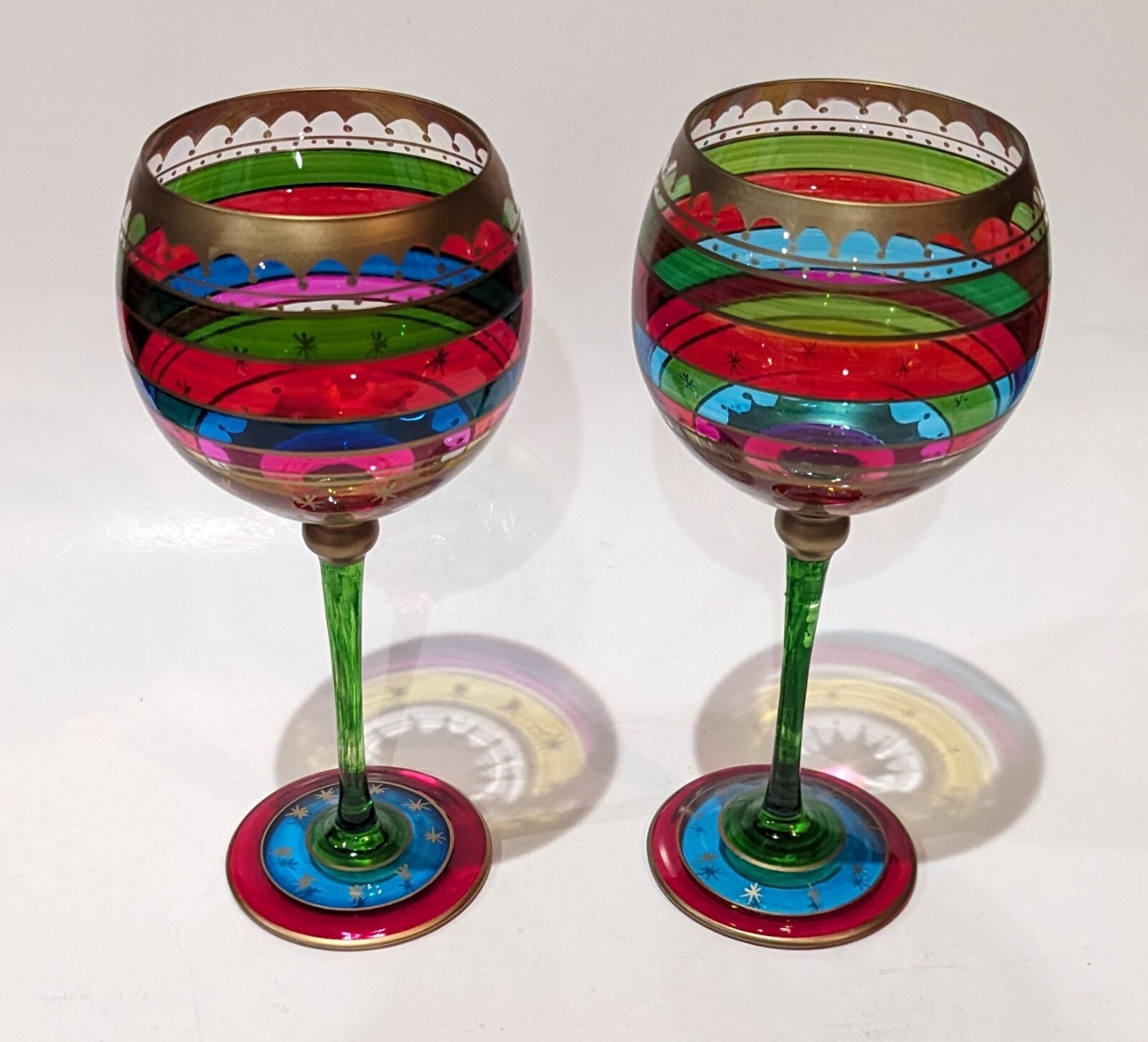 Set of 2 Colorful HandBlown Bohemian Crystal Wine Glasses Goblets