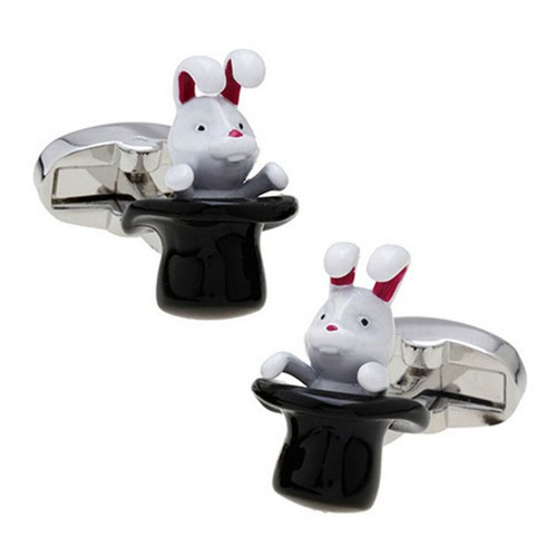 RABBIT IN TOP HAT CUFFLINKS Magic Trick Magician Wedding Black White w GIFT BAG