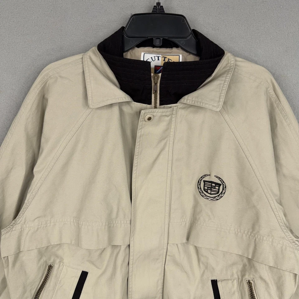 Vintage Cadillac Jacket Mens Medium Beige Bomber Zip Pockets Cutter & Buck Work - Image 2 of 4