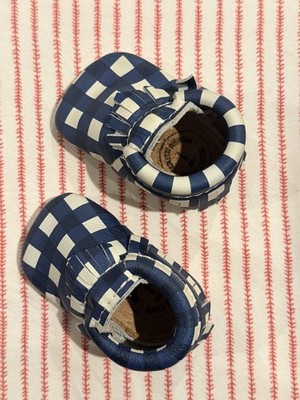 Freshly Picked Blue White Leather Moccasins Baby Fringe Slip On Shoes Size 1 