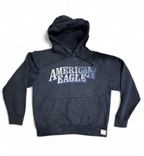 American Eagle Sweater Mens Small Navy Blue Hoodie Center Spellout Logo Hoodie