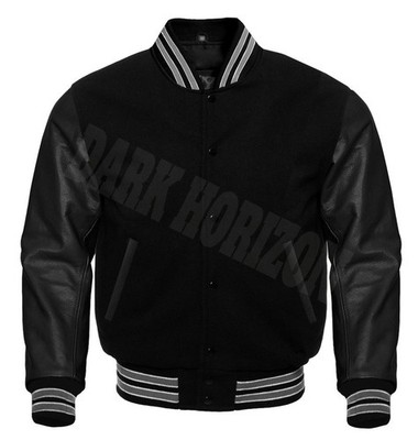 Varsity Lettermen baseball Jacket Black Wool Leather with Gray WhiteTrim College