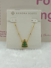 Kendra Scott Holiday Tree Gold Short Pendant Necklace in Green Quartzite