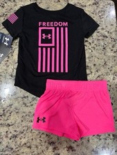 Under Armour 2 Pc Flag Patriotic Girls Short Set Size 5 Pink Black