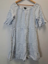 Saks Fifth Avenue Women medium dress 100% linen gauzy blue white stripe coastal 
