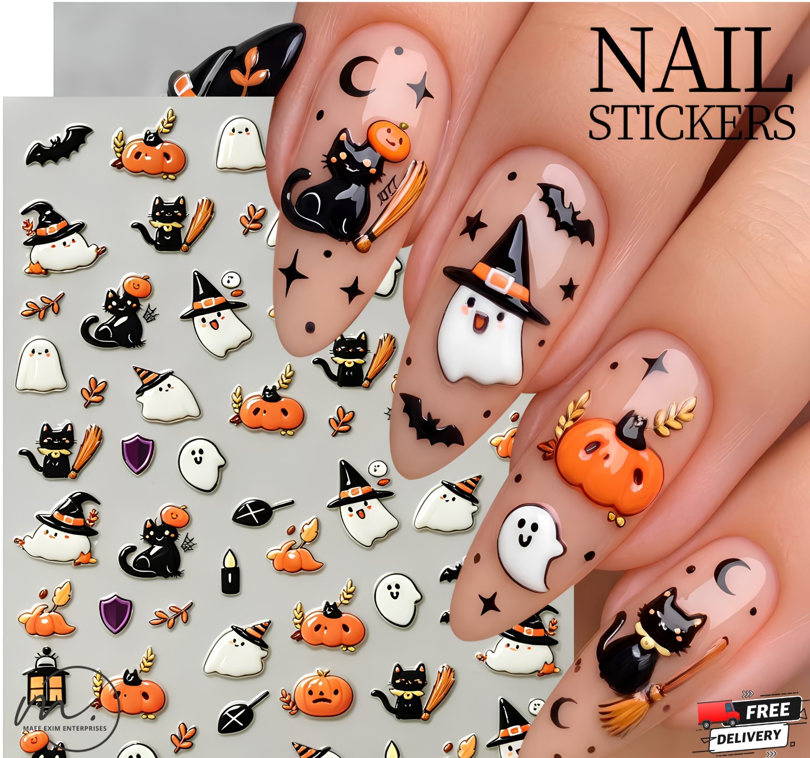 5D Embossed Halloween Nail Stickers Self‑Adhesive Nail Decals with Ghost Pumpkin