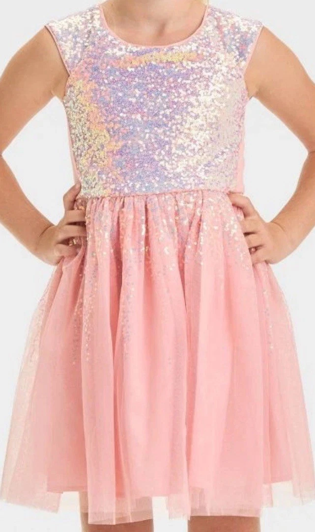🥥 Cat & Jack Girls' Short Sleeve Tulle Sequin Dress Size L(10/12)🆕