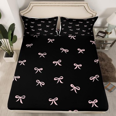Girlish Pink Bow Fitted Sheet Full Size Lovely Hand Drawn Bedding Set Girls B...