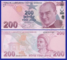 Turkey Turkiye 200 Lira Banknote NEW UNC World Paper Money Currency Collection