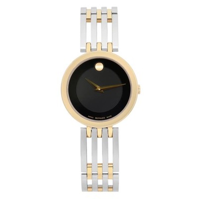 Movado Esperanza 28mm Gold Tone Steel Black Dial Ladies Quartz Watch 0607053