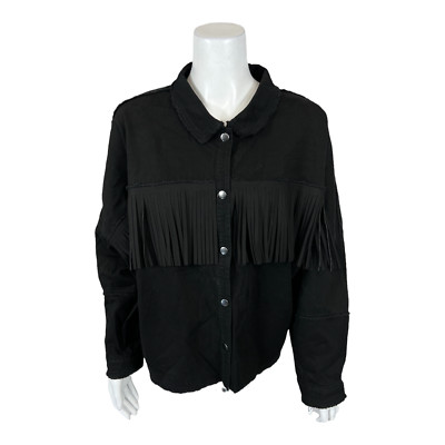 Haute Hippie Womens Tribe Faux Suede Fringe Shacket Jacket Top Black Medium Size