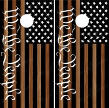 American Flag "We The People" V2 Black Brown Woodgrain Cornhole Wraps Decals