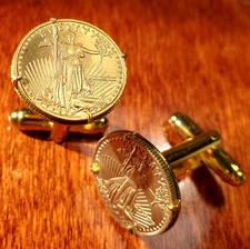 USA Saint-Gaudens Striding Liberty Souvenir Gold Tone Coin Cufflinks +  Gift Box