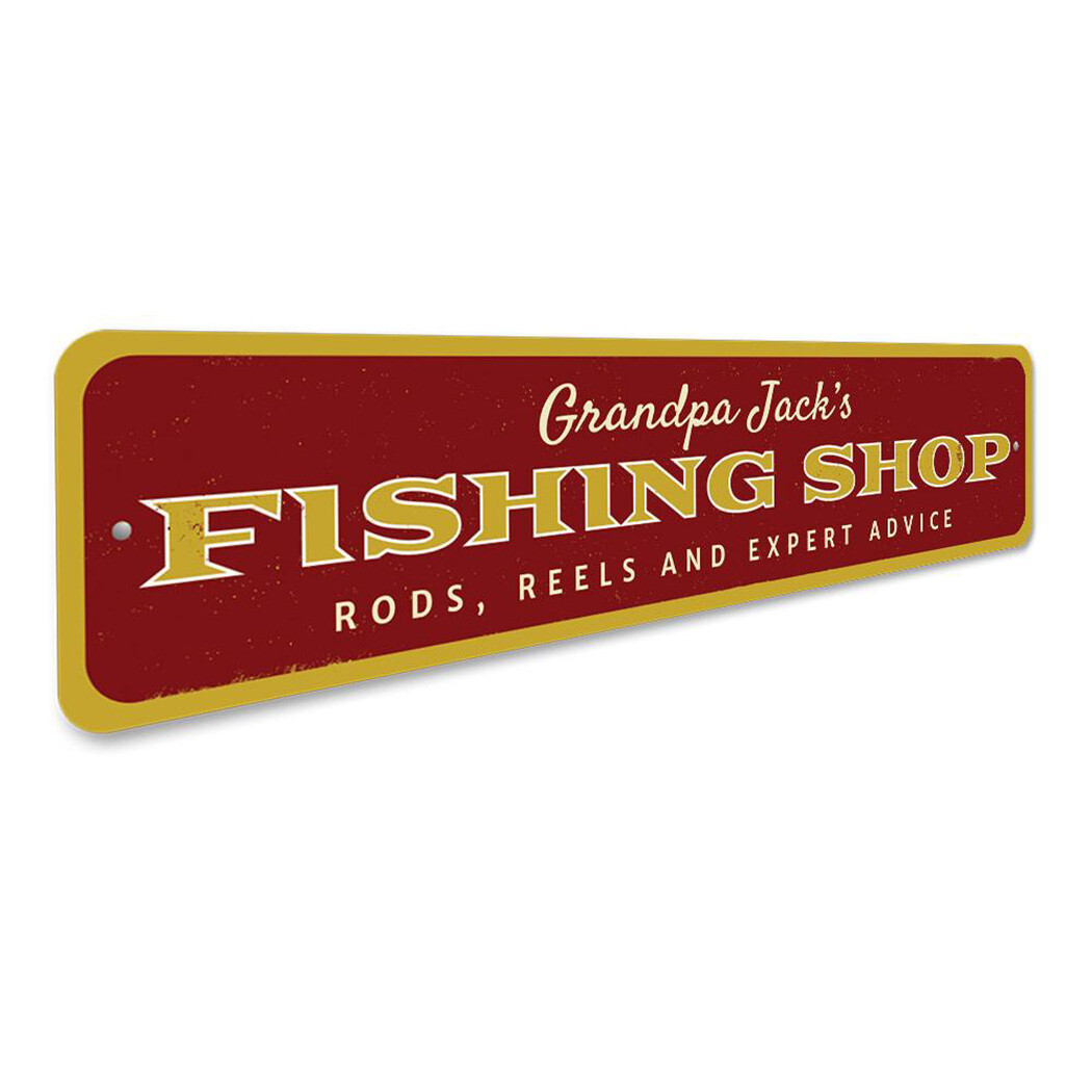 Fishing Shop Sign, Personalized Fisherman Name Sign, Rods Reels Metal Decor Sign