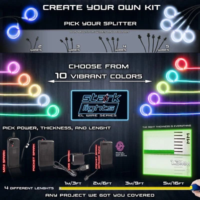 STARK Neon LED Light Glow EL Wire 2 3 4 5 Splitter + Control String Rope - 1.3mm Thick
