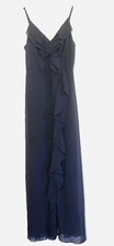 DAVID’S BRIDAL DB STUDIO Womens 4 Navy Blue Ruffled VNeck Slit Sleeveless Gown