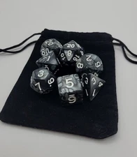 RPG Dice Set of 7 - Black & Smoke D4 D6 D8 D10 D12 D20 D00-90 D&D With Bag