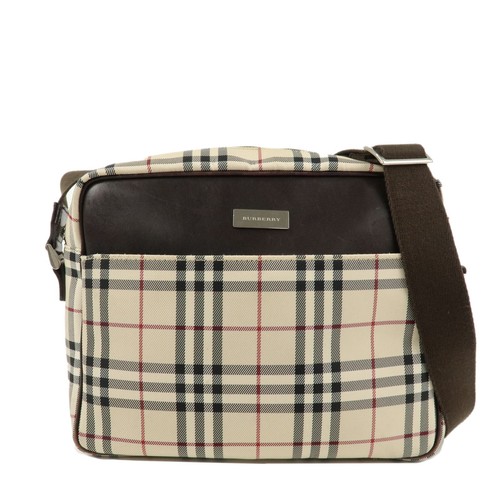 BURBERRY Nova Plaid Shoulder Bag Beige Brown Nylon Leather Auth Used