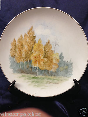 K YAMAUCHI JAPAN SIGNED  10'' PLATE LANDSCAPE SCENE YELLOW BIRCH TREES 