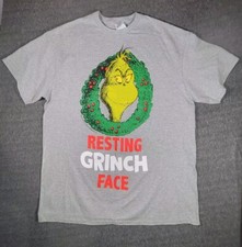 Dr. Seuss "Resting Grinch Face" Wreath Grinch Christmas T-Shirt Men's Sz L Gray