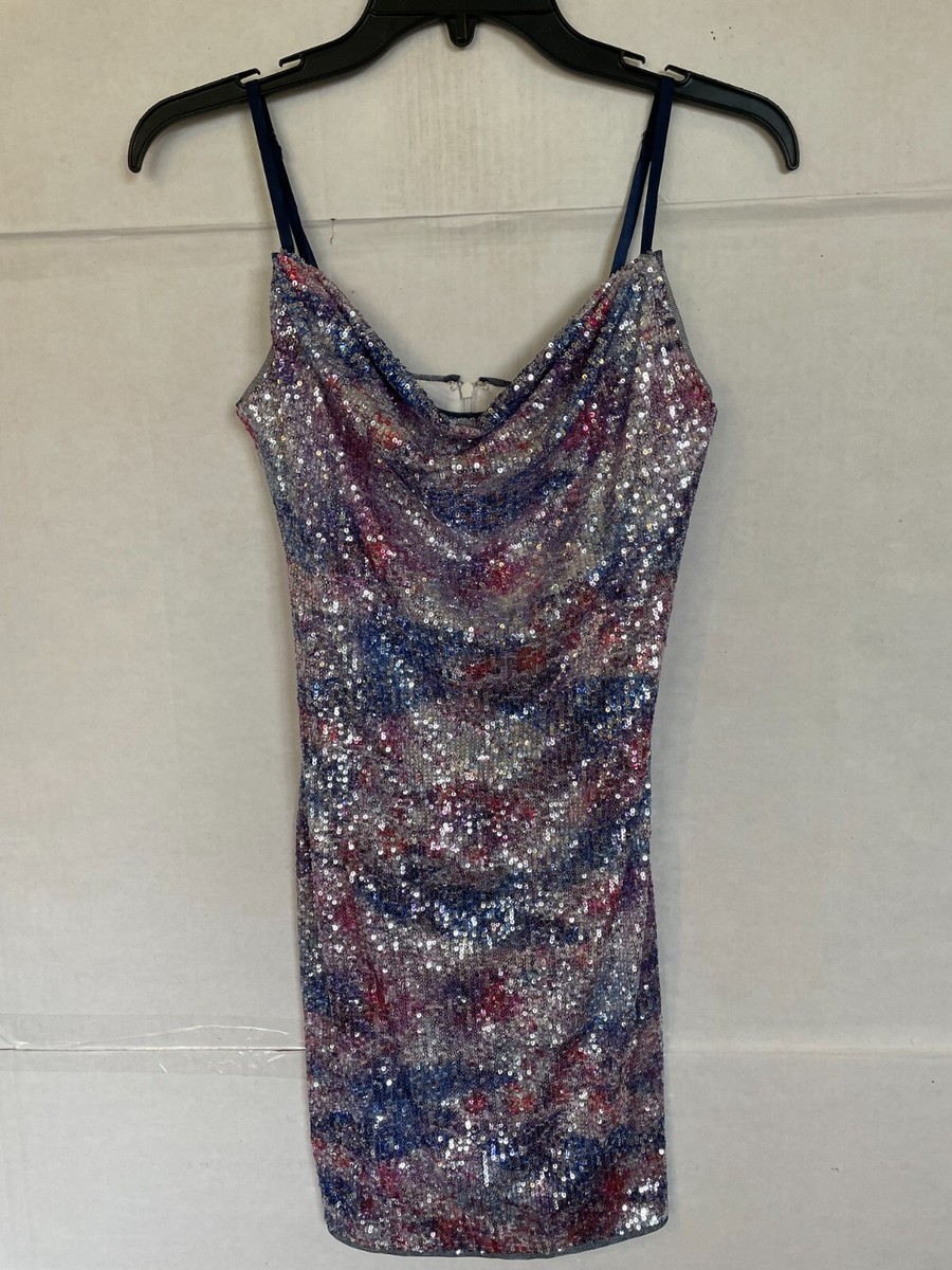 liv foster sleeveless sequin mini dress $245 Liv Foster Women's Blue Sequin Sleeveless Cowl Mini Dress Size 12