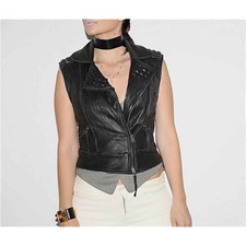 Elizabeth & James Black Leather Studded Collar Sleeveless Biker Vest Size S