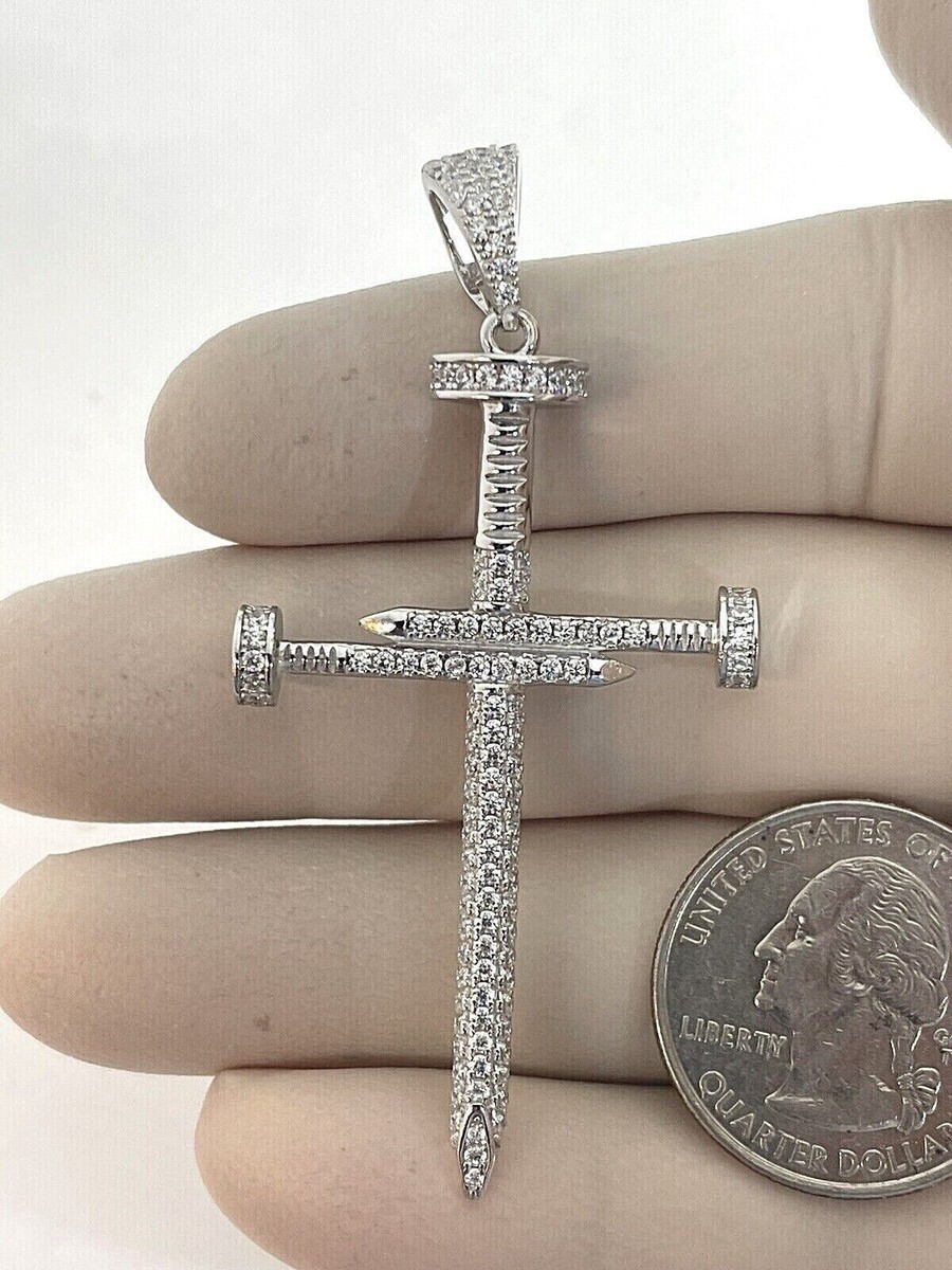 Lab Created Diamond Round Nail Cross Pendant 14K White Gold