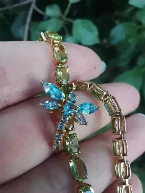 Женский теннисный браслет с перидотом 9 карат Oval Lab Created покрытие желтым золотом 14 карат 7 дюймов - Изображение 4 из 4