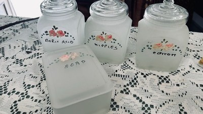 Vintage 30s Handpainted Floral Frosted Glass Apothecary Jars Vanity Boudoir -Den