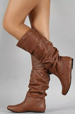 Womens Slouchy Mid Calf Boots Ladies Laces Zip Knee High Long Riding Flat Shoes