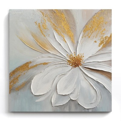 Abstract Floral Canvas Wall Art, 24x24 In Hand Painted Original White Flower ...