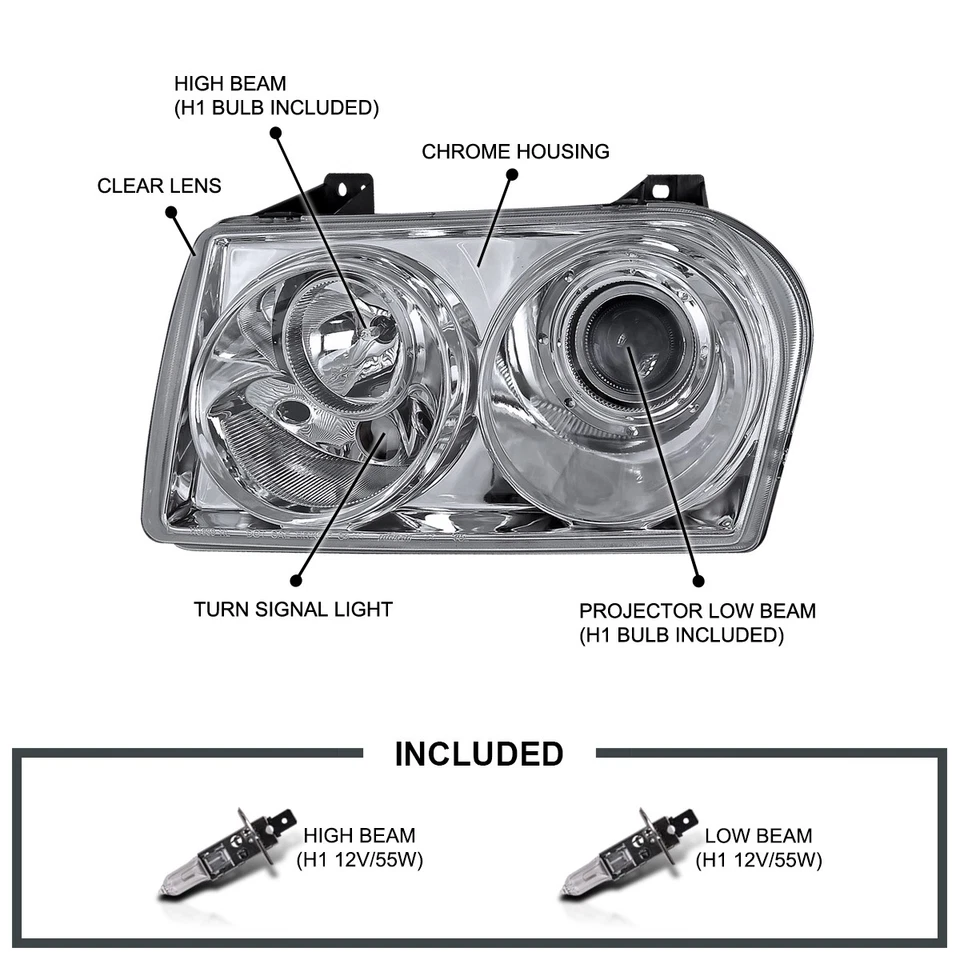 Clear Fits 2005-2010 Chrysler 300 Replacement Projector Headlights Left+Right - Image 3 of 4