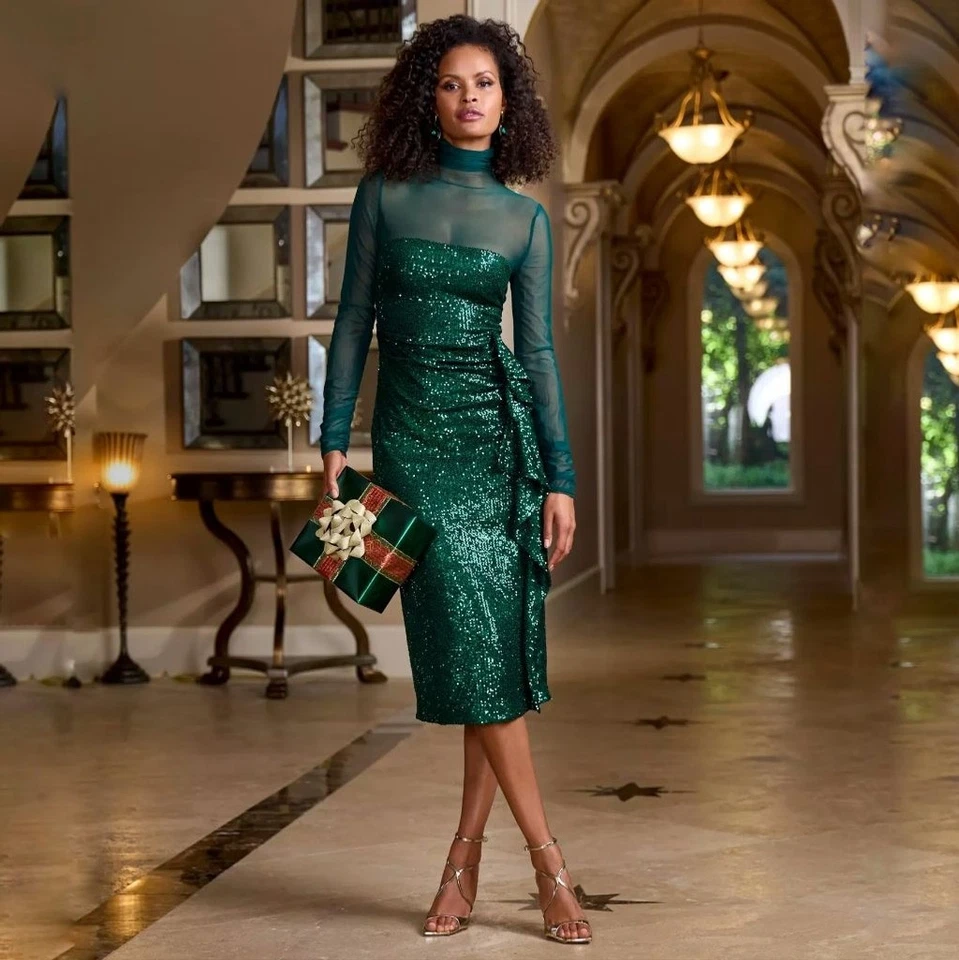 Vestido Vaina Boston Proper Malla Manga Larga Lentejuelas Verde Esmeralda Talla 6 Nuevo Con Etiquetas Foto 2 de 4