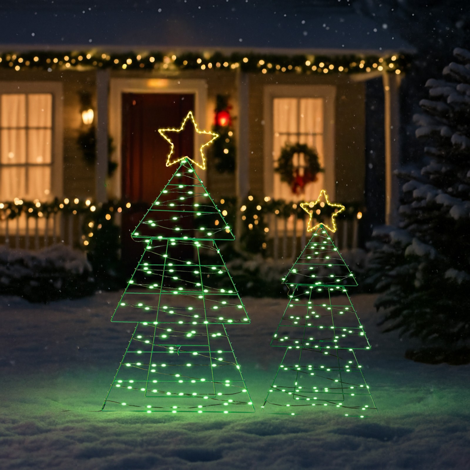 2-Piece Lighted Metal Christmas Tree Yard Decoration for Indoor Party Holiday