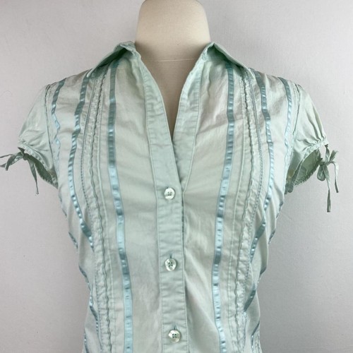 Women's Guess Button Up Blouse Mint green M Vintage puff cap sleeve coquette - Picture 4 of 8