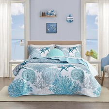Full/Queen Coastal Quilt Set 3pc Beach Ocean Microfiber Bedspread 2 Shams